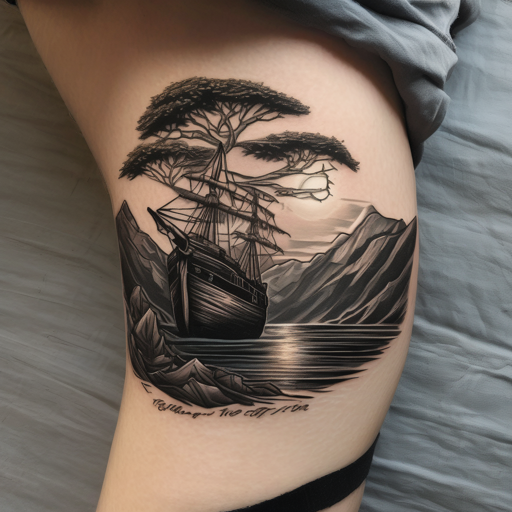 tattoo that has an acacia tree with mountains, ocean with a ship wreck and the northern star hello kitty tattoo, AI-generated Realistic tattoo design